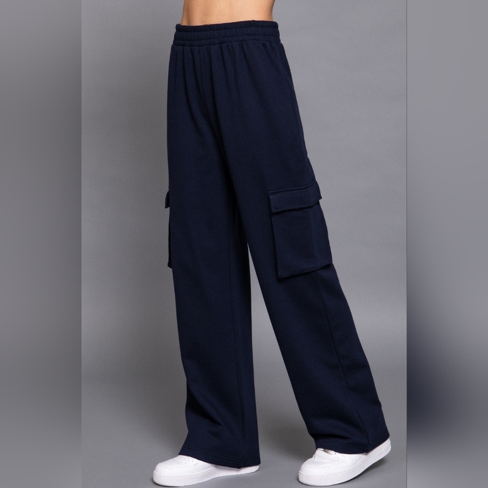 Navy Blue Cargo Wide Leg Cotton Blend Terry Sweatpants